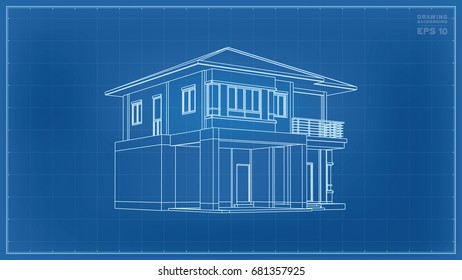 Vector 3D Perspective Wireframe Of House Exterior.