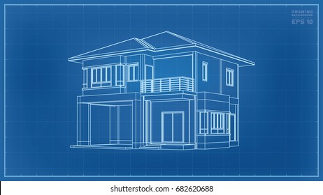 Vector 3D Perspective Wireframe Of House Exterior.