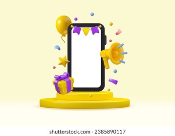 Vector 3d phone with Birthday gift, confetti and balloon on yellow podium. Sale announcement celebration illustration, isolated on yellow background. Smartphone and speaker mockup or template