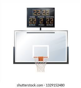 Vector 3d Photorealistic Basketball Backboard, Hoop And Scoreboard Illustration Isolated On White