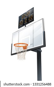 Vector 3d Photorealistic Basketball Backboard, Hoop And Scoreboard Illustration Isolated On White. Perspective View