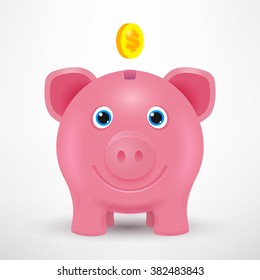 Vector 3d piggy bank. Golden coin. Business vector illustration. Piggy bank isolated with shadow. Vector piggy toy. Smile pig.