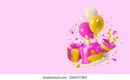 Vector 3d pink birthday web banner. Simple minimal render style composition isolated on pastel pinky background. Cake with candle, balloons and gift box