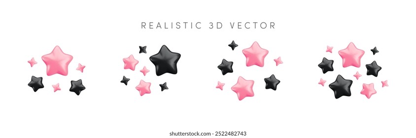 Vector 3d pink and black sparkling star collection on white background. Cute realistic cartoon 3d render, color sparkle shining stars illustration set for magic decoration, game, app, design, nursery.