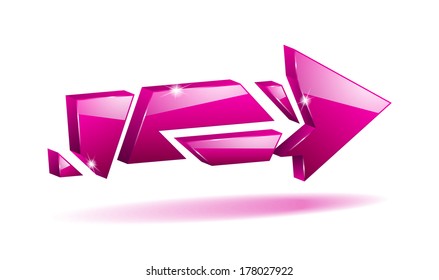 vector 3D pink broken arrow pointer with reflection