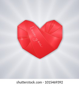 Vector 3d pink heart twisted of ribbon with text Love you. Romantic card for Valentines day, wedding
