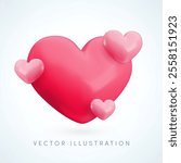 Vector 3d pink hearts concept. Cute realistic glossy heart composition. Minimal 3d render love heart illustration for Valentines day greetings, Mothers Day, birthday, wedding decoration, background.