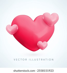 Vector 3d pink hearts concept. Cute realistic glossy heart composition. Minimal 3d render love heart illustration for Valentines day greetings, Mothers Day, birthday, wedding decoration, background.