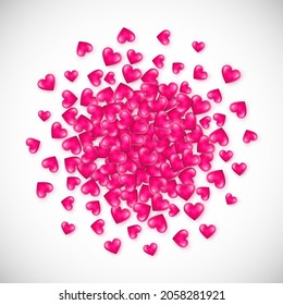 Vector 3d Corazones rosados dispersos. Marco redondeado. Aislado en fondo blanco. Elemento romántico.  Diseño de bodas.