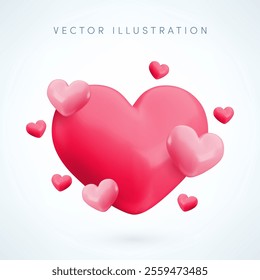 Vector 3d pink love heart concept. Cute realistic glossy heart composition. Minimal 3d render big and small hearts illustration for Valentines day greetings, Mothers Day, birthday, wedding decoration.