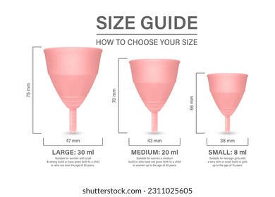 Vector 3d Pink Menstrual Hygiene Silicone Cups Isolated on White Background. Size Guide. Feminine Hygiene, Health Concept. Menstrual Cup Design Template, Banner - Shutterstock ID 2311025605