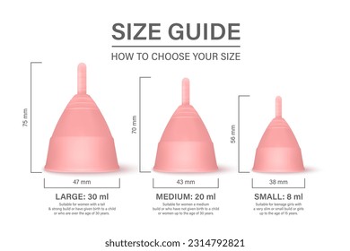 Vector 3d Pink Menstrual Hygiene Silicone Cups Isolated on White Background. Size Guide. Feminine Hygiene, Health Concept. Menstrual Cup Design Template, Banner