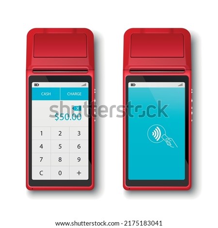 Vector 3d Pink NFC Payment Machine Set Isolated. Wi-fi, Wireless Payment. Screen with Amount and Wifi Sign. POS Terminal, Machine Design Template of Bank Payment Contactless Terminal, Mockup