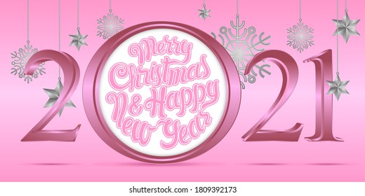 Vector 3d pink numbers 2021 and the lettering Merry Christmas and Happy New Year inscribed in a circle.