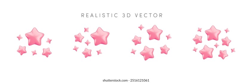 Vector 3d pink sparkling star collection on white background. Cute realistic cartoon 3d render, pastel rose sparkle shining stars illustration set for magic decoration, web, game, design, nursery, app