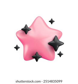 Vector 3d pink star with black twinkles on white background. Cute realistic cartoon 3d render of sparkling color star Illustration for rating concept, nursery decor, game, app, Halloween sticker.