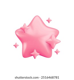 Vector 3D estrella rosa con centelleos sobre fondo blanco. Lindo realista de dibujos animados 3d render de estrella de color brillante Ilustración para el concepto de calificación, decoración de cuarto de niños suave, juego, App, pegatina.