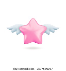 Vector 3d pink star with wings icon. Cute realistic cartoon flying star 3d render on white background, glossy soft color star Illustration for customer rating concept, decoration, game design, app.