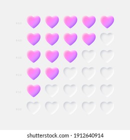 Vector 3D Crónicas Violeta Rosa Corazones Calificando Iconos Neumórficos UI UX Elementos De Diseño En Fondo Ligero. Escala de clasificación de la barra de estado de la vida Sistema Neumorfismo Material Diseño Biselar y Empaquetar Formas Cardíacas