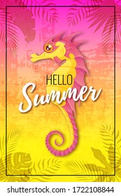 Vector 3d pink and yellow bright poster with grainy seahorse and text Hello Summer on textured background. Shadow of tropical leaves. Vivid banner design.