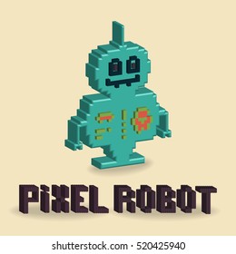 Vector of  3D pixel art robot for design project. Retro cute pixel robot