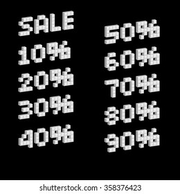 Vector 3D pixel font with Sale letter and percent numbers isolated on black background