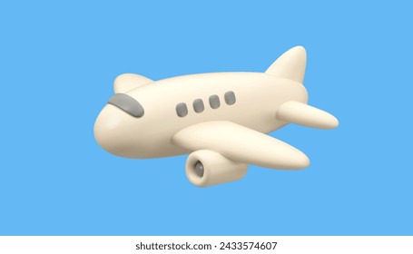 Vector 3d plane icon. Simple cartoon airplane render, flying white jet in the sky, isolated on blue background. Vacation trip concept