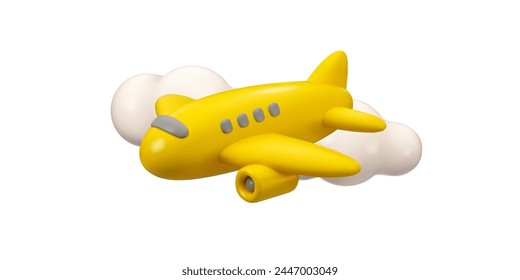 Vector 3d plane in sky icon. Simple cartoon render, flying yellow airplane in the clouds, isolated on white background. Summer vacation flight concept, travel jet illustration. Worldwide delivery