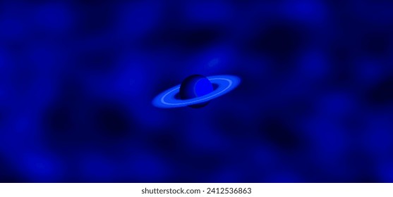 Vektor 3D Planet im Stil des Saturn mit Ringen auf einem Hintergrund eines dunkelblauen Nebel. Starry kosmischer staubiger Dunst. Großes astronomisches Banner.