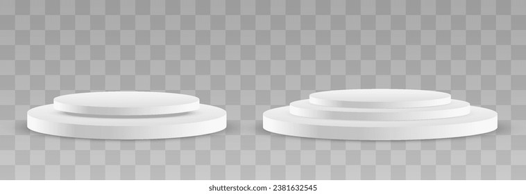 Vector 3d podium, empty stage or pedestal mockups isolated on png background. Scene and pedestal. Podium or platform for award ceremony and product presentation. Vector illustration