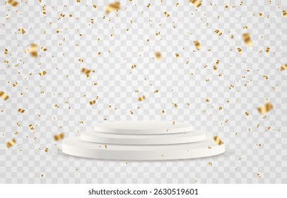 Vetor 3d pódio com caindo confete dourado brilhante. Estágio ou pedestal vazio isolado no plano de fundo do png. Pódio ou plataforma para cerimônia de premiação, apresentação do produto. Ilustração vetorial
