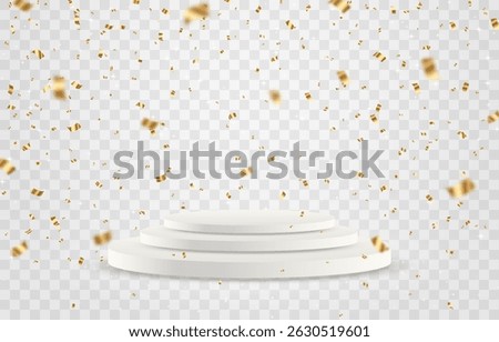 Vector 3d podium with falling golden bright confetti. Empty stage or pedestal isolated on png background. Podium or platform for award ceremony, product presentation. Vector illustration