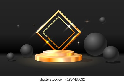 Vector 3d podium with frame. Golden round podium, background for product presentation. Advertising place with pedestal or platform. Blank product stand black color background with ball