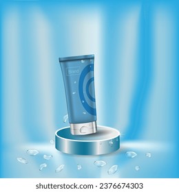 Vector 3D podium with realistic cosmetic container with advertising background, ready to use. Background with streams of clean air and drops of water. Poster with cosmetic products.