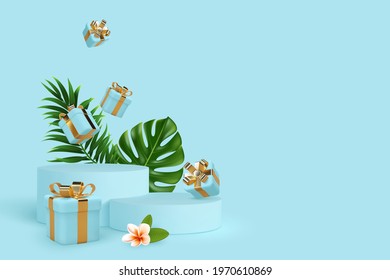 Vector 3d podium scene with falling gift boxes and tropical leaves. Mockup for product presentation with copy space. Blue minimal background for summer seasonal discounts or holidays.