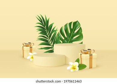 Vector 3d podium scene with falling gift boxes and tropical leaves. Mockup for product presentation with copy space. Yellow minimal background for summer seasonal discounts or holidays.