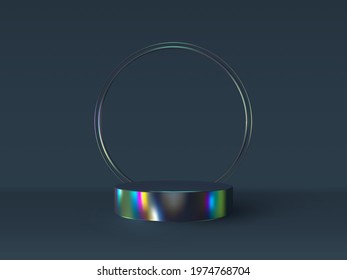 Vector 3d podium scene in iridescent color. Mockup for product presentation with copy space. Winner pedestal in studio, minimal dark background.