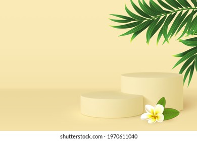 Vector 3d podium scene with tropical leaves and plumeria flower. Mockup for product presentation with copy space. Yellow minimal background for summer seasonal discounts or holidays.