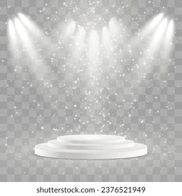 Vector 3d podium with special light effect. Empty stage or pedestal isolated on png background. Scene spotlight beams. Podium or platform for award ceremony, product presentation. Vector illustration