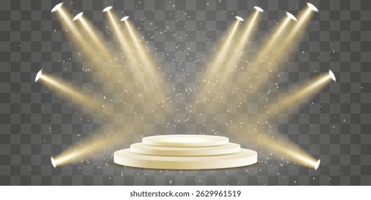 Vector 3d podium with spotlights png. Scene spotlight beams, studio lighting. Empty stage or pedestal. Podium for award ceremony, product presentation. Bright lighting with spotlights.
