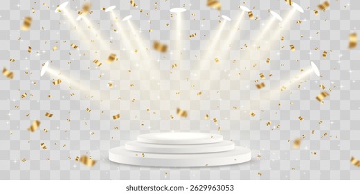Vector 3d podium with spotlights png. Scene spotlight beams, studio lighting. Empty stage or pedestal. Podium for award ceremony, product presentation. Bright lighting with spotlights.