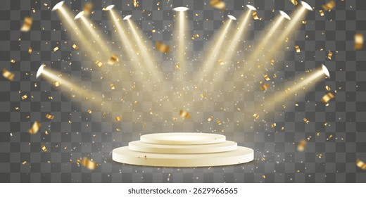 Vector 3D podio con focos png. Proyectores de escena, iluminación de estudio. Escenario o pedestal vacío. Podio para la ceremonia de entrega de premios, presentación del producto. Iluminación brillante con focos.