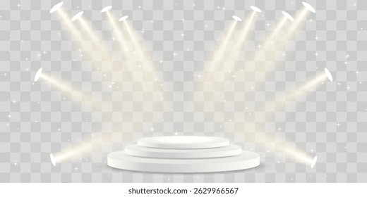 Vector 3d podium with spotlights png. Scene spotlight beams, studio lighting. Empty stage or pedestal. Podium for award ceremony, product presentation. Bright lighting with spotlights.