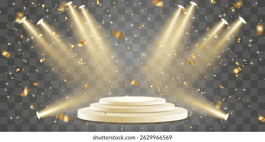 Vector 3d podium with spotlights png. Scene spotlight beams, studio lighting. Empty stage or pedestal. Podium for award ceremony, product presentation. Bright lighting with spotlights.