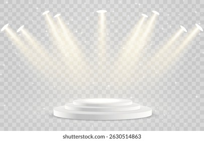 Vector 3d podium with spotlights png. Scene spotlight beams, studio lighting. Empty stage or pedestal. Podium for award ceremony, product presentation. Bright lighting with spotlights.