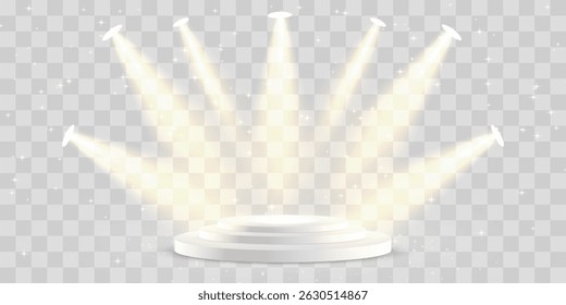 Vector 3d podium with spotlights png. Scene spotlight beams, studio lighting. Empty stage or pedestal. Podium for award ceremony, product presentation. Bright lighting with spotlights.