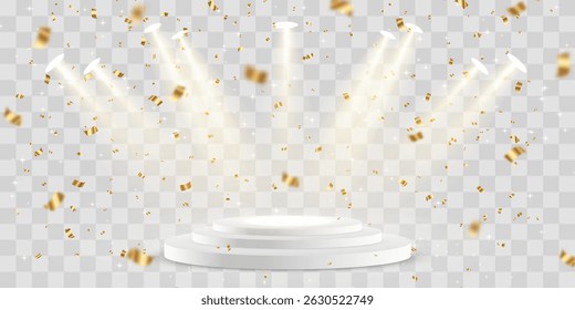 Vector 3d podium with spotlights png. Scene spotlight beams, studio lighting. Empty stage or pedestal. Podium for award ceremony, product presentation. Bright lighting with spotlights.
