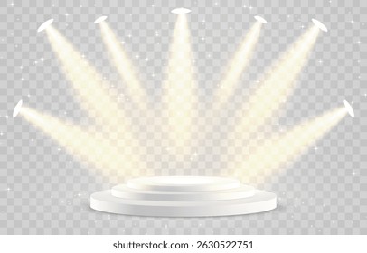 Vector 3d podium with spotlights png. Scene spotlight beams, studio lighting. Empty stage or pedestal. Podium for award ceremony, product presentation. Bright lighting with spotlights.