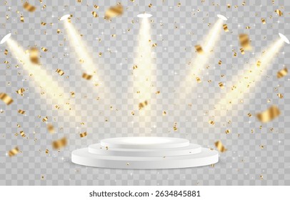 Vetor 3d pódio com holofotes png. Luzes de holofote da cena, iluminação estúdio. Estágio ou pedestal vazio. Pódio para cerimônia de premiação, apresentação do produto. Iluminação brilhante com holofotes.