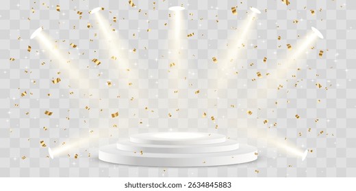 Vetor 3d pódio com holofotes png. Luzes de holofote da cena, iluminação estúdio. Estágio ou pedestal vazio. Pódio para cerimônia de premiação, apresentação do produto. Iluminação brilhante com holofotes.